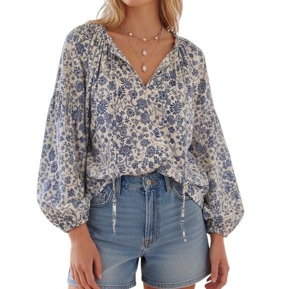 LOFT Tops - LOFT Women Blue White Floral Peasant Blouse Tie Neck Balloon Sleeve Large